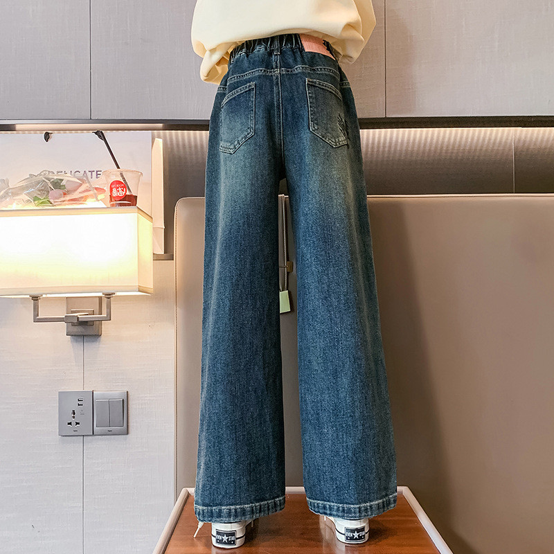 Скъсани дънки за момичета Модни широки панталони с прави крачоли с висока талия Пролет Есен Училищни тийнейджърски дънкови панталони 10 12 13 Y Детски дрехи