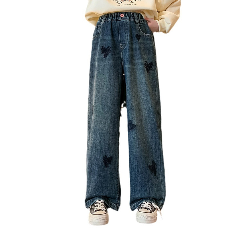 Скъсани дънки за момичета Модни широки панталони с прави крачоли с висока талия Пролет Есен Училищни тийнейджърски дънкови панталони 10 12 13 Y Детски дрехи