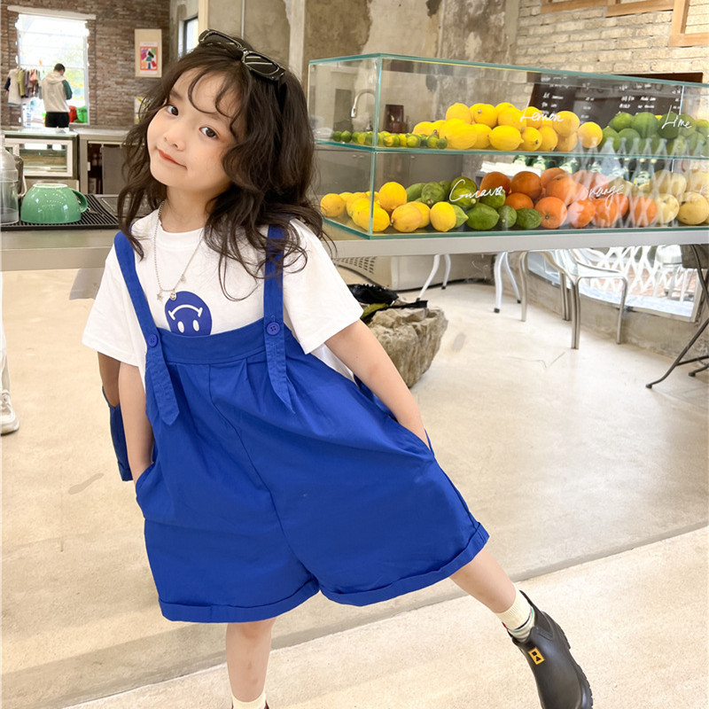 Летни детски гащеризони в едноцветен цвят Големи гащеризони Момичета, памучни панталони с тиранти до коляното