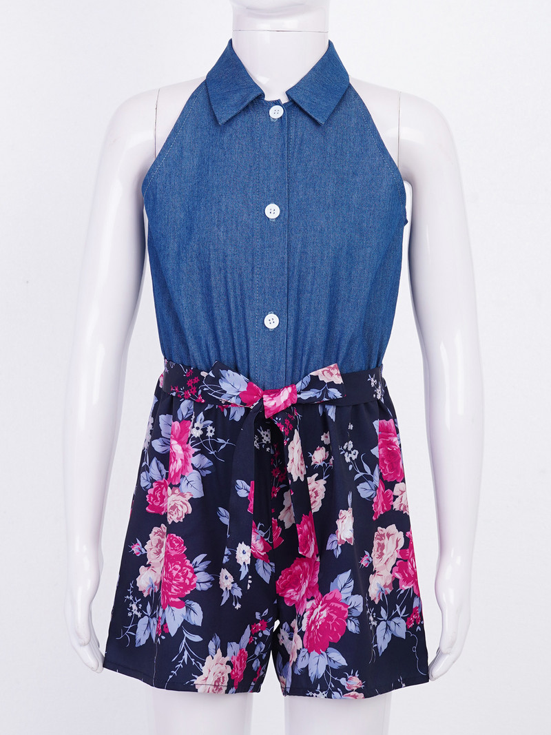 Детски гащеризон за момичета Ежедневни дънкови гащеризони без ръкави и копчета с висока талия и широки крачоли Макси гащеризон с колан на талията Момичешки костюм за игра