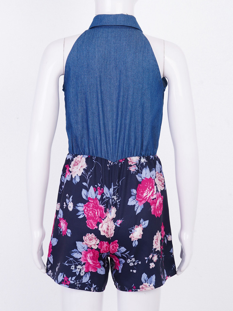 Детски гащеризон за момичета Ежедневни дънкови гащеризони без ръкави и копчета с висока талия и широки крачоли Макси гащеризон с колан на талията Момичешки костюм за игра