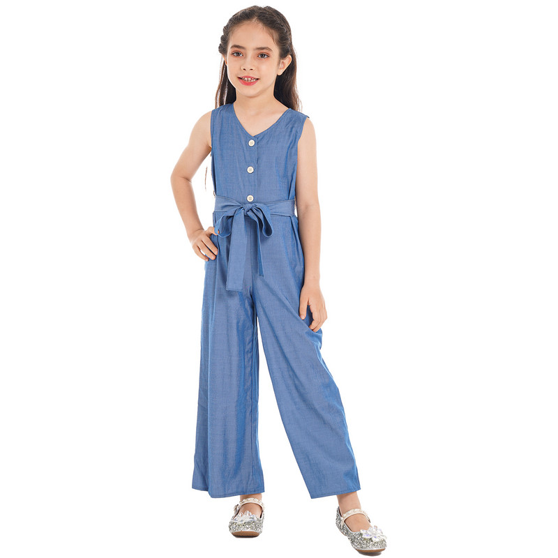 Детски гащеризон за момичета Ежедневни дънкови гащеризони без ръкави и копчета с висока талия и широки крачоли Макси гащеризон с колан на талията Момичешки костюм за игра