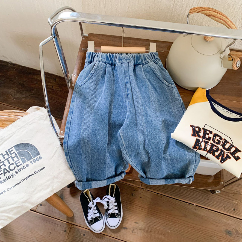 Детски дънки в корейски стил с вертикално райе, момчета и момичета, меки широки дънкови панталони с различни комбинации