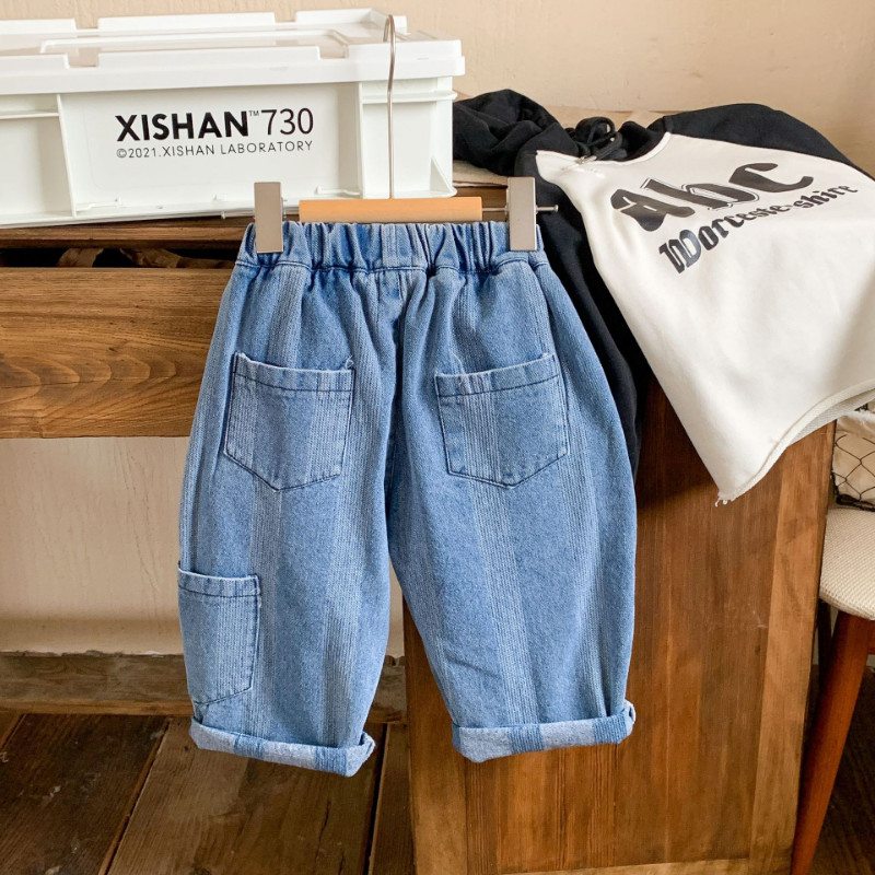 Детски дънки в корейски стил с вертикално райе, момчета и момичета, меки широки дънкови панталони с различни комбинации