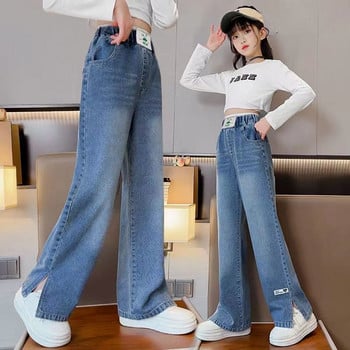 110-160 см пролетни детски дънкови широки дънкови панталони за момичета, широки детски панталони с широки крачоли, ежедневни тийнейджърски едноцветни панталони с висока талия