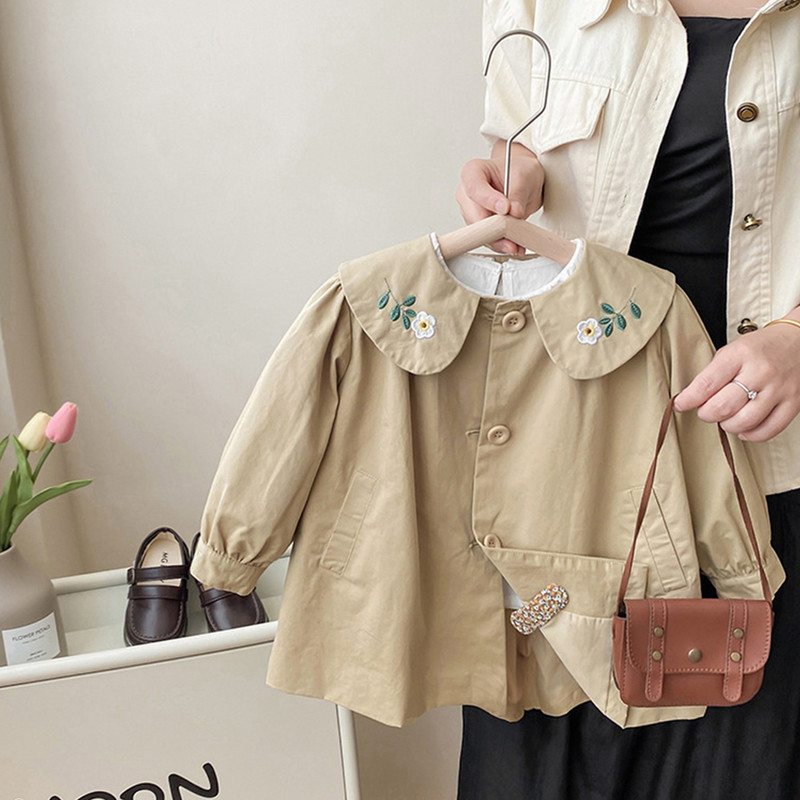 Trenč kaput s cvjetnim vezom Petar Pan ovratnik za djecu 1-8 godina Svestrana vjetrovka Dječje ležerne jakne A-kroja s jednim kopčanjem