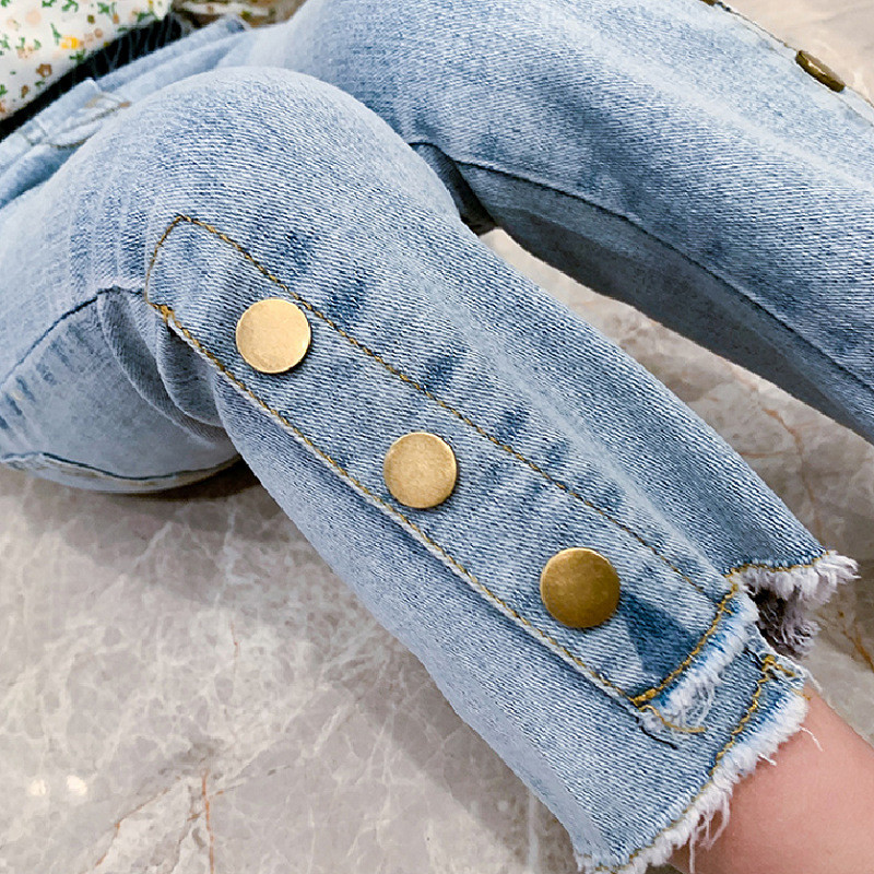 Дънки за момичета, пролет и есен, нова корейска версия, ежедневни панталони за момичета, копчета, ластични модни детски, детски клепени панталони