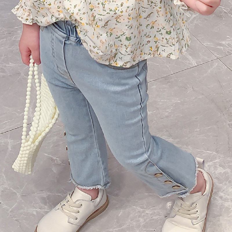 Дънки за момичета, пролет и есен, нова корейска версия, ежедневни панталони за момичета, копчета, ластични модни детски, детски клепени панталони