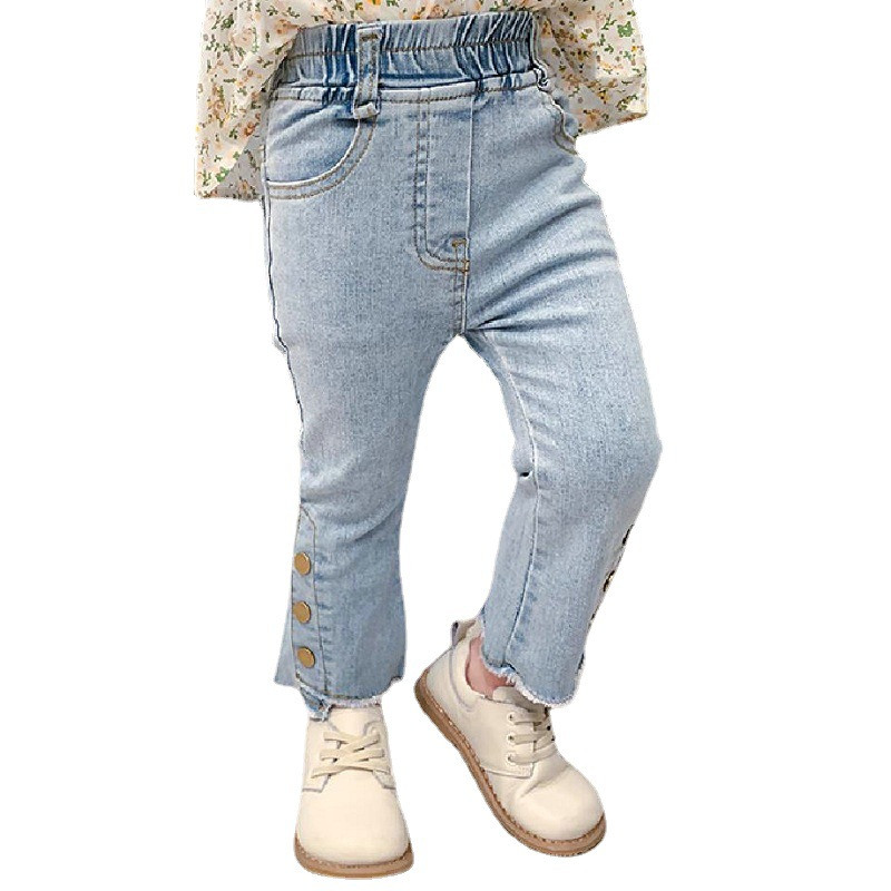 Дънки за момичета, пролет и есен, нова корейска версия, ежедневни панталони за момичета, копчета, ластични модни детски, детски клепени панталони