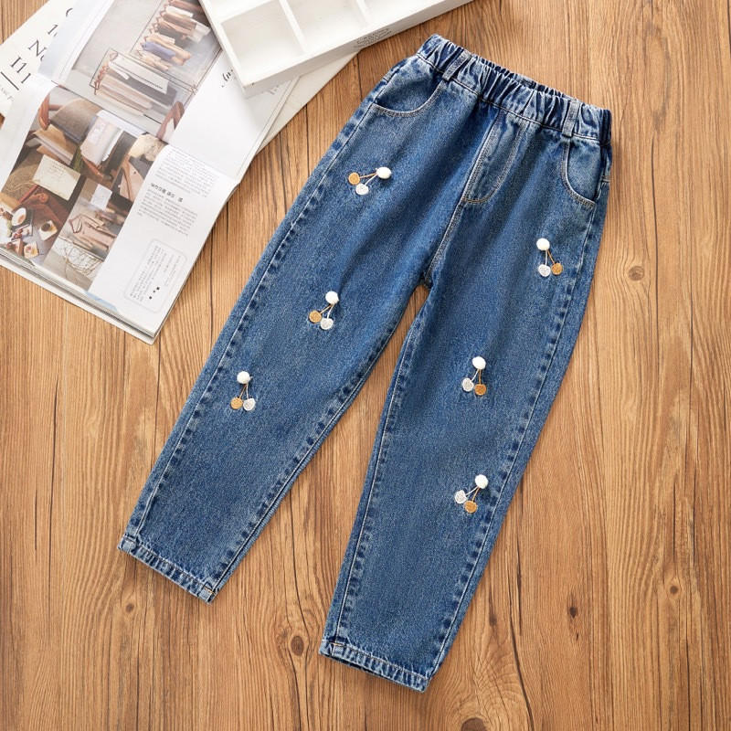 Пролет Есен Нови детски еластични разкроени панталони за момичета Ежедневни универсални дънки Детски връхни дрехи Модни панталони