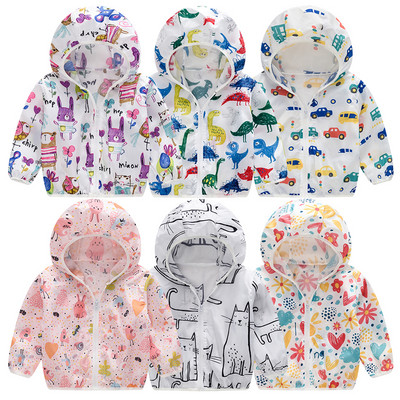 Kids Hooded Coats for Boy Girl Summer Sun Protection Clothes Breathable Print Outerwear Light Casual Sportswear with Storage Bag