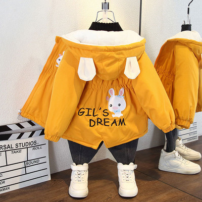 2023 Модно яке за момичета плюс кадифени есенно-зимни палта за момичета Връхни дрехи с качулка и качулка с анимационен заек Детско облекло