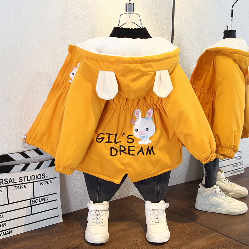 2023 Модно яке за момичета плюс кадифени есенно-зимни палта за момичета Връхни дрехи с качулка и качулка с анимационен заек Детско облекло