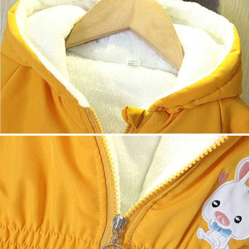 2023 Модно яке за момичета плюс кадифени есенно-зимни палта за момичета Връхни дрехи с качулка и качулка с анимационен заек Детско облекло