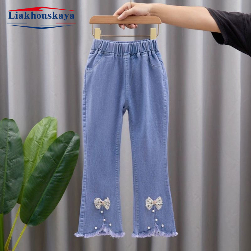 110-160 см дънки панталони деним за деца момичета перли дънки момичета пролет есен деним детски ежедневни дрехи за момичета