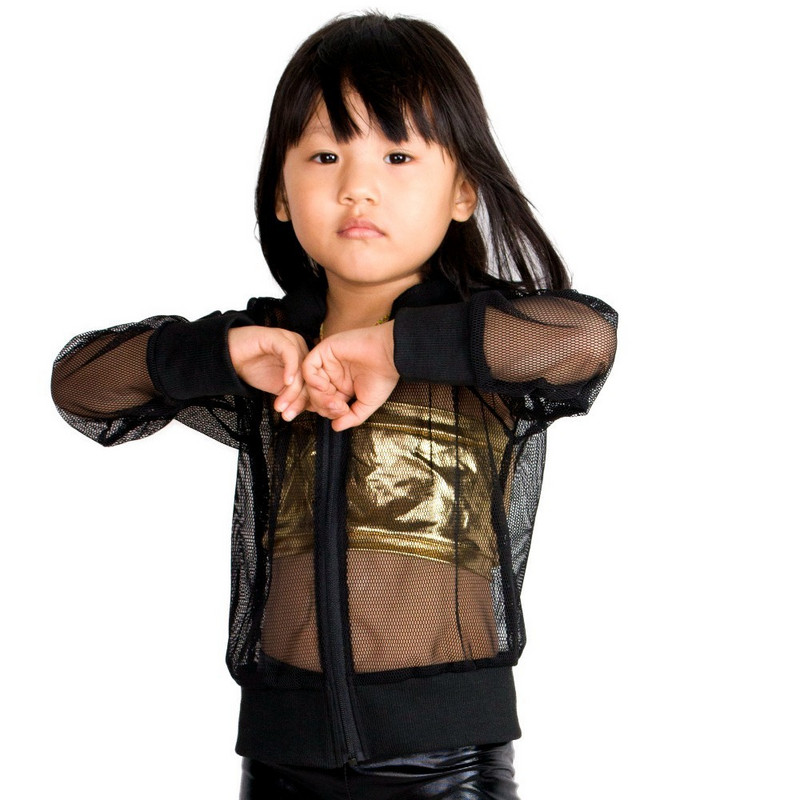 Nova dječja mrežasta jakna proljeće ljeto Crna gornja odjeća Rebrasta odjeća za nastupe Feminina Casaco Ležerna široka plesna jakna za hip hop