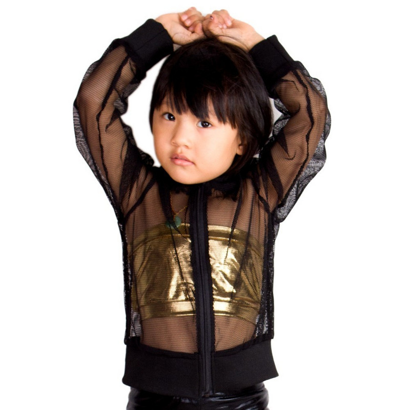Nova dječja mrežasta jakna proljeće ljeto Crna gornja odjeća Rebrasta odjeća za nastupe Feminina Casaco Ležerna široka plesna jakna za hip hop