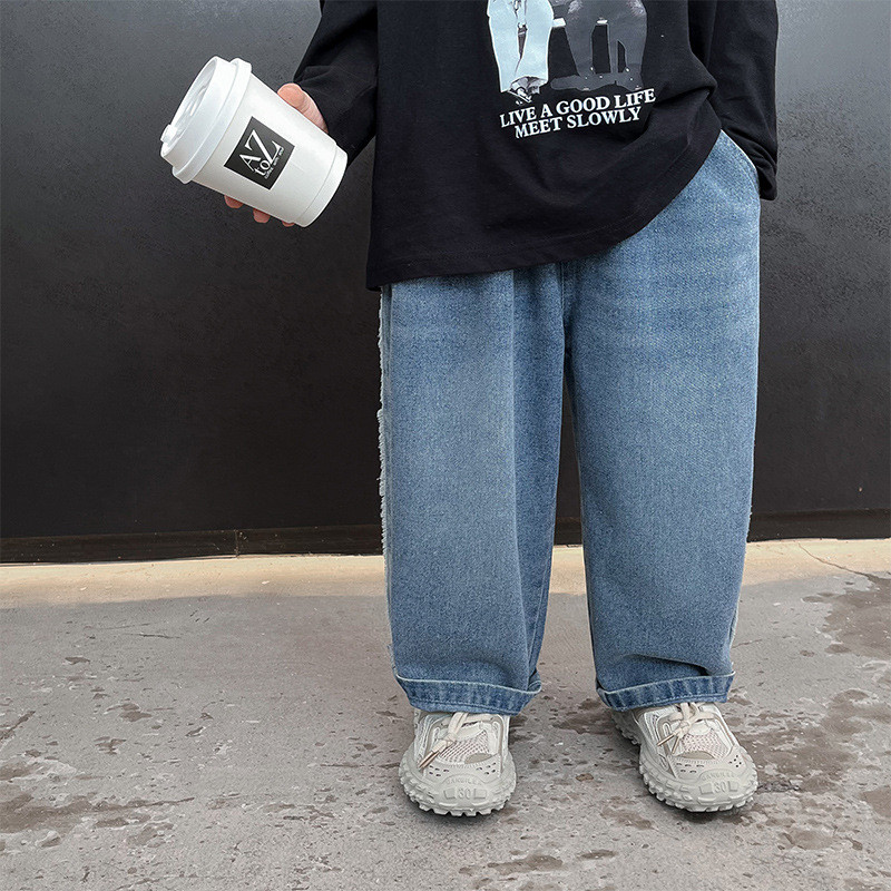 Есенни детски панталони за 2023 г., дънкови панталони за момичета, момичета, модни широки прави дънки