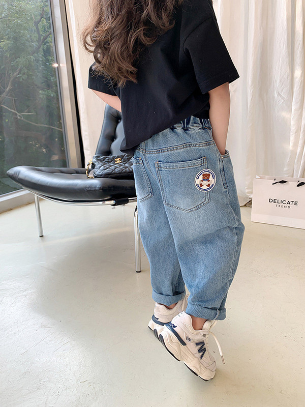 deer jonmi 2023 Нови пролетни унисекс детски ежедневни дънки в корейски стил с анимационни апликации Детски дънкови панталони Haren