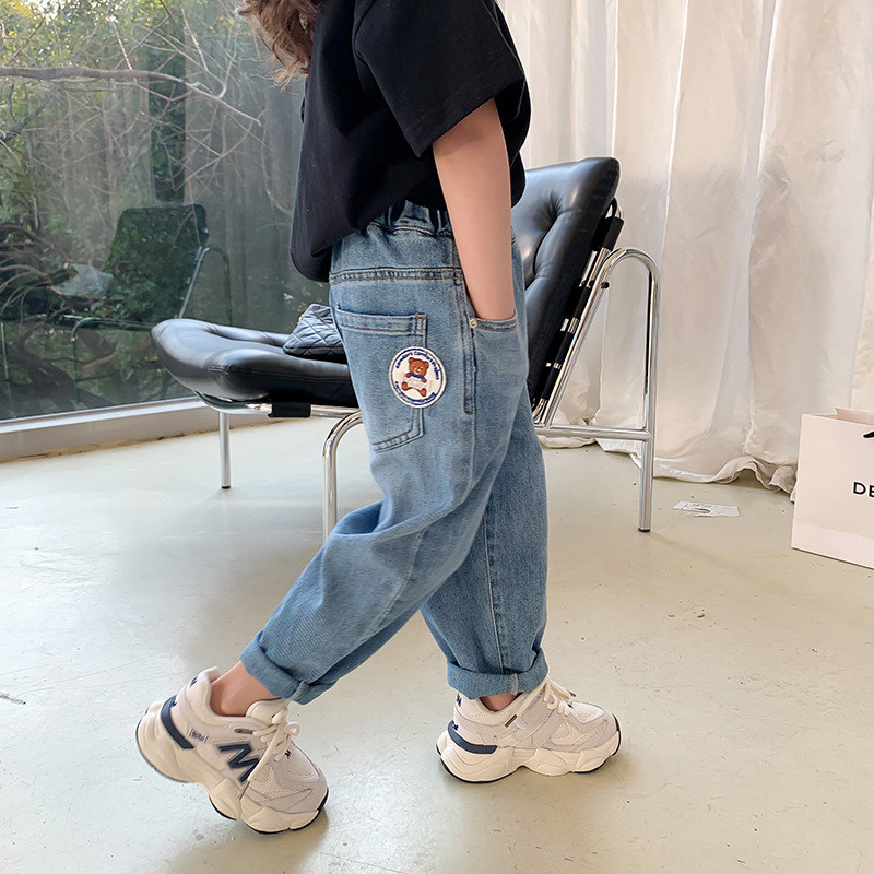 deer jonmi 2023 Нови пролетни унисекс детски ежедневни дънки в корейски стил с анимационни апликации Детски дънкови панталони Haren