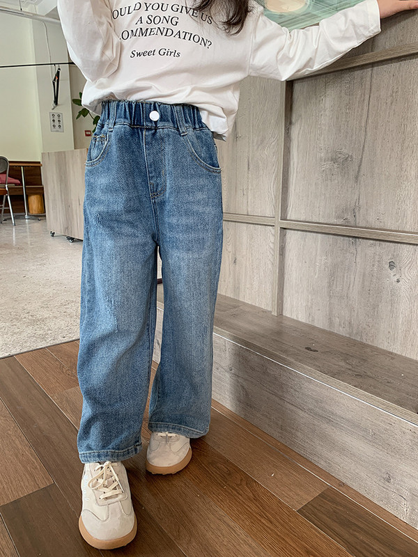 deer jonmi 2023 Есенни детски широки дънки Корейски стил Бебешки момичета Ежедневни дънкови панталони Детски прави панталони