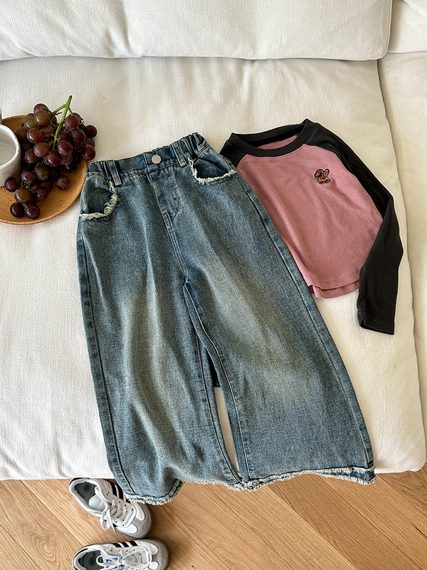 deer jonmi 2023 Есенни широки дънки за бебета и момичета Корейски стил Детски свободни прави панталони Детски дънкови панталони