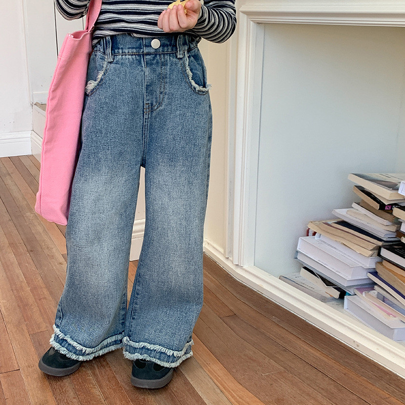 deer jonmi 2023 Есенни широки дънки за бебета и момичета Корейски стил Детски свободни прави панталони Детски дънкови панталони