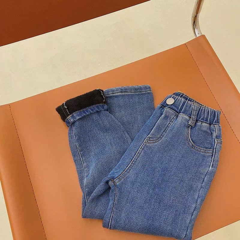 Зимни широки дънки за момиченце Детски момчета Дънкови панталони Детски горни дрехи Дълги панталони Вълнено облекло за момиче Есен Пролет