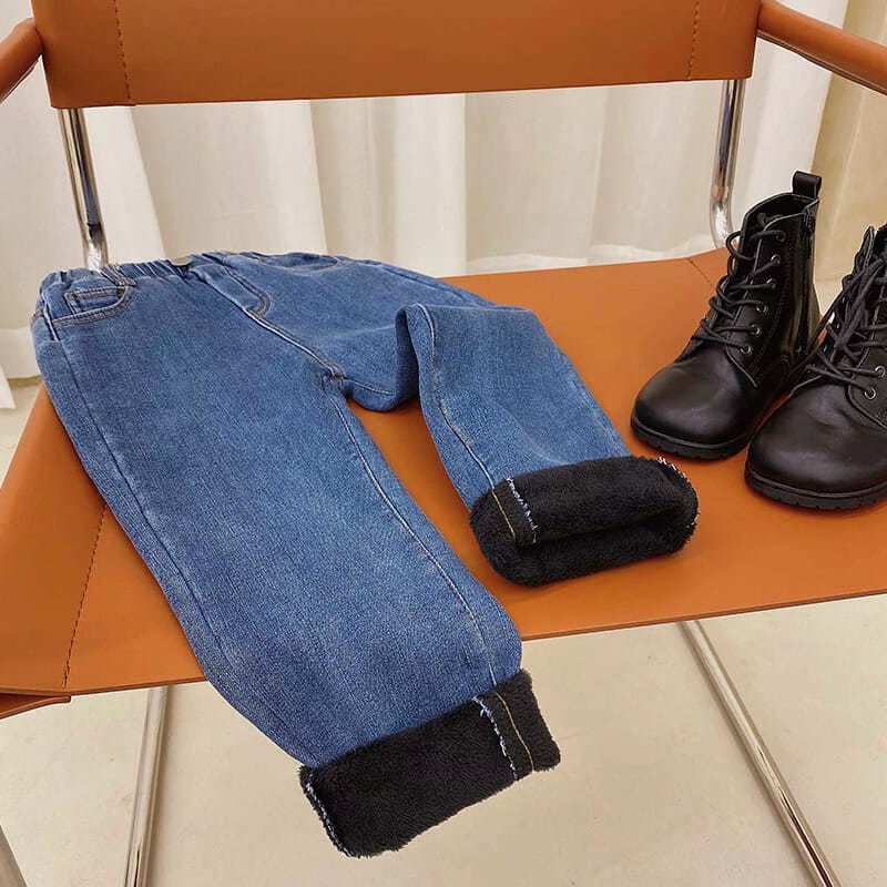 Зимни широки дънки за момиченце Детски момчета Дънкови панталони Детски горни дрехи Дълги панталони Вълнено облекло за момиче Есен Пролет