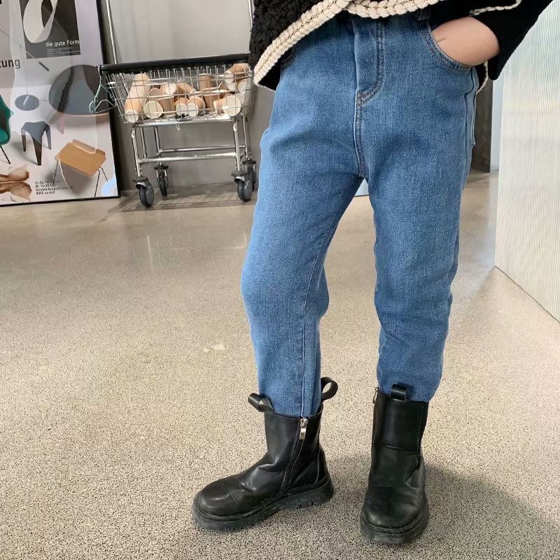 Зимни широки дънки за момиченце Детски момчета Дънкови панталони Детски горни дрехи Дълги панталони Вълнено облекло за момиче Есен Пролет