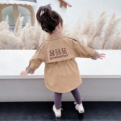 Bear Embroidery Girls Windbreaker Άνοιξη φθινόπωρο 2022 Βρεφικά μπουφάν για κορίτσια Βαμβακερή καμπαρντίνα μεσαίου μήκους για παιδιά casual πανωφόρια