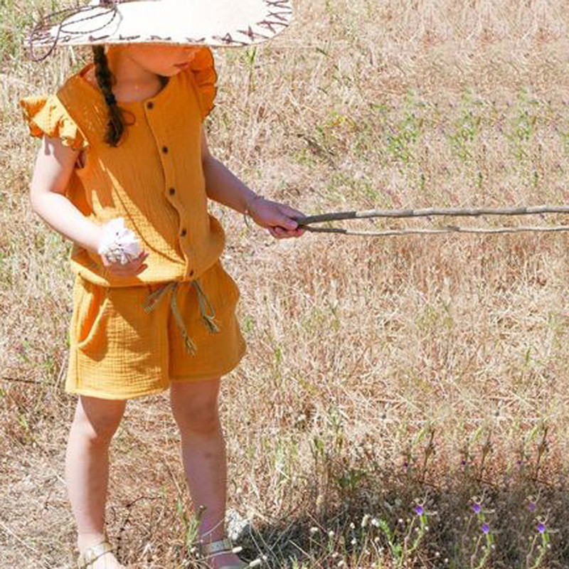 Деца, бебета, момичета, летни дрехи без ръкави, прохождащо дете, плътна презрамка, едно парче гащеризон, бебешки ежедневни волани, къс гащеризон с еластична талия