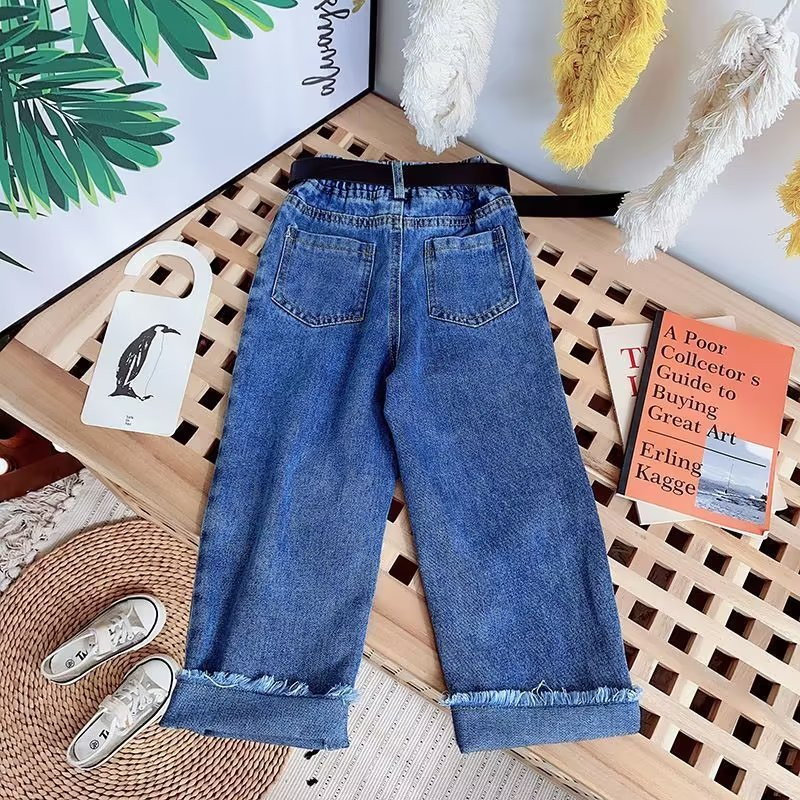 Пролет Есен Момичета Дънки Детски панталони Дънкови панталони Панталони Бебешки дрехи Модни безплатни колани 2022 2 3 4 5 6 T