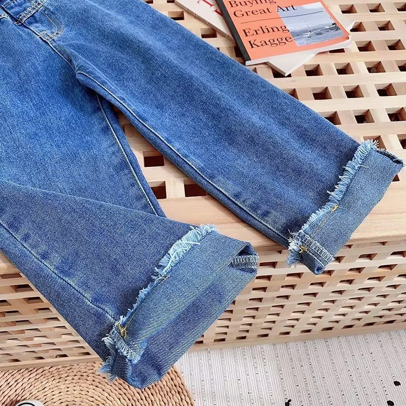 Пролет Есен Момичета Дънки Детски панталони Дънкови панталони Панталони Бебешки дрехи Модни безплатни колани 2022 2 3 4 5 6 T