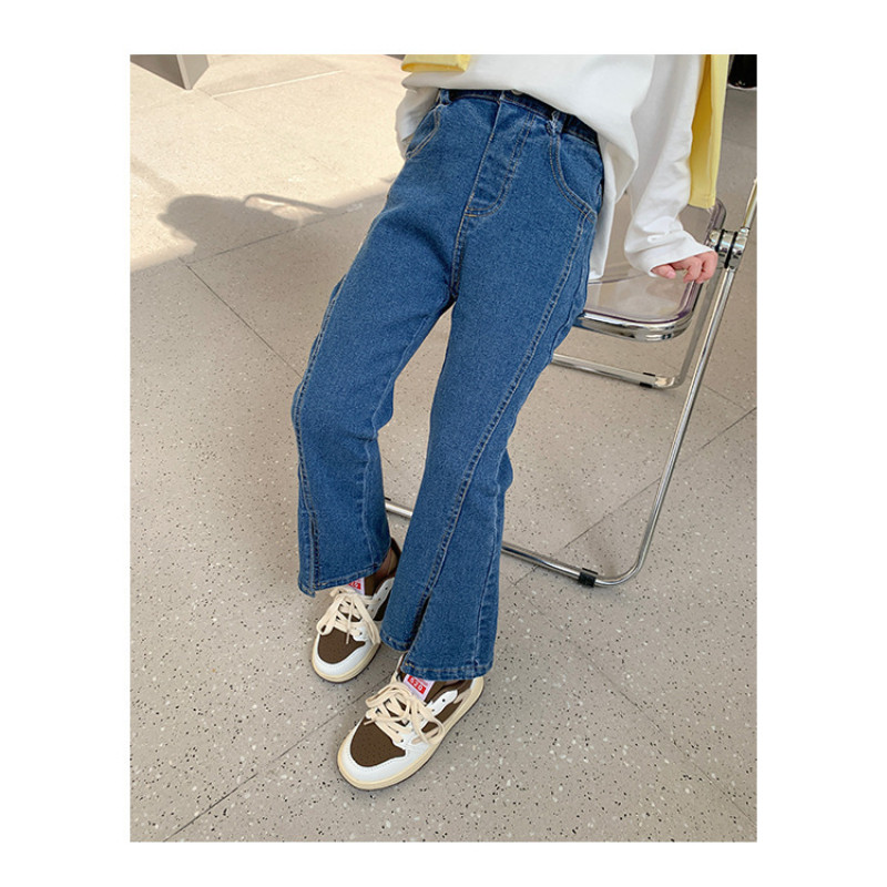 Децата носят нови есенни 2023 г. Тесни дънкови панталони с разкроени дънки за момичета