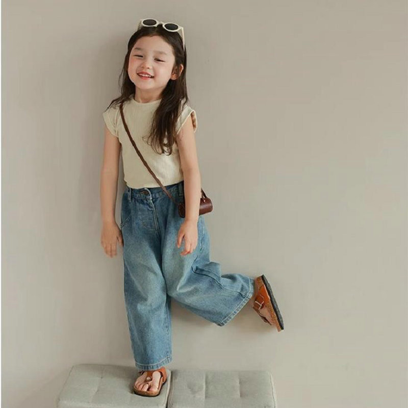 Широки дънки с ластик на талията за момичета с множество джобове