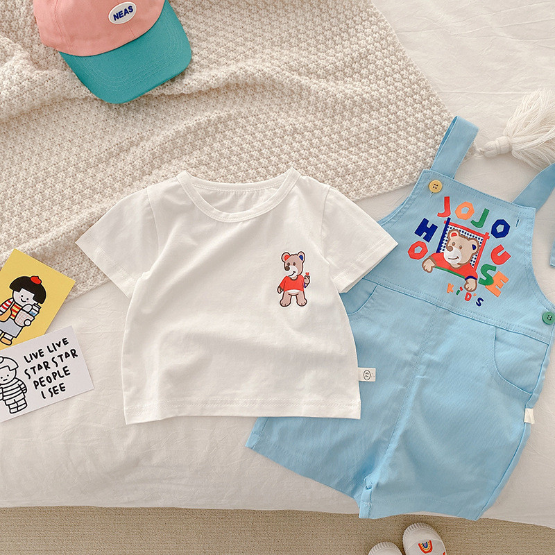 Майки деца сладко мече детски дрехи момичета момчета сини шорти гащеризони модни комплекти