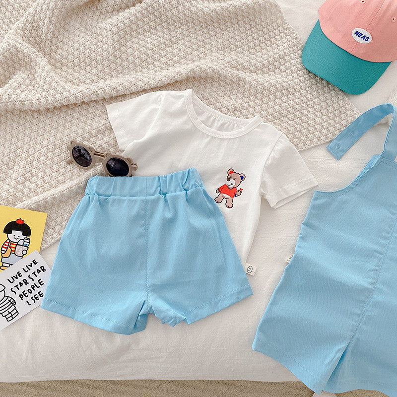 Майки деца сладко мече детски дрехи момичета момчета сини шорти гащеризони модни комплекти