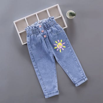 Детски дънки за момичета Дълги панталони с анимационни мотиви на цветя Пролет Есен Ежедневни панталони с принт с графити и дупки Детски дънкови панталони