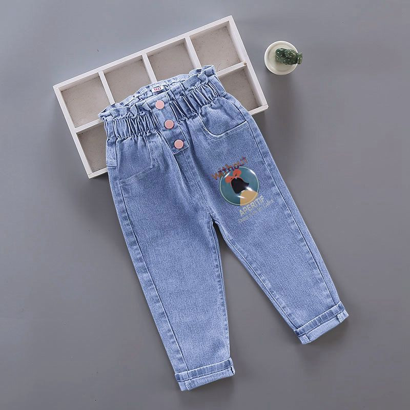 Детски дънки за момичета Дълги панталони с анимационни мотиви на цветя Пролет Есен Ежедневни панталони с принт с графити и дупки Детски дънкови панталони