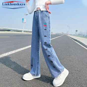 Κοριτσίστικα Παντελόνια Loose Jeans Personality Ripped Wide Leg Jeans Little Cherry Teenagers Παντελόνια Νέα μόδα Παιδικά Παιδικά Ρούχα