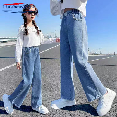 Pantaloni pentru fete Blugi largi Personalitate Blugi rupti cu picioare late Mici cireșe Pantaloni pentru adolescenți Moda nouă Copii Îmbrăcăminte pentru copii