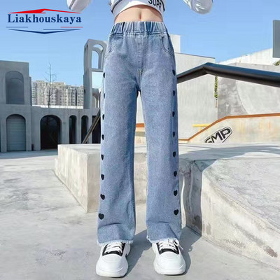 Pantaloni pentru fete Blugi largi Personalitate Blugi rupti cu picioare late Mici cireșe Pantaloni pentru adolescenți Moda nouă Copii Îmbrăcăminte pentru copii