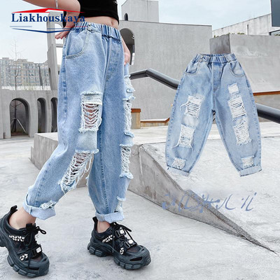 Pantaloni pentru fete Blugi largi Personalitate Blugi rupti cu picioare late Mici cireșe Pantaloni pentru adolescenți Moda nouă Copii Îmbrăcăminte pentru copii