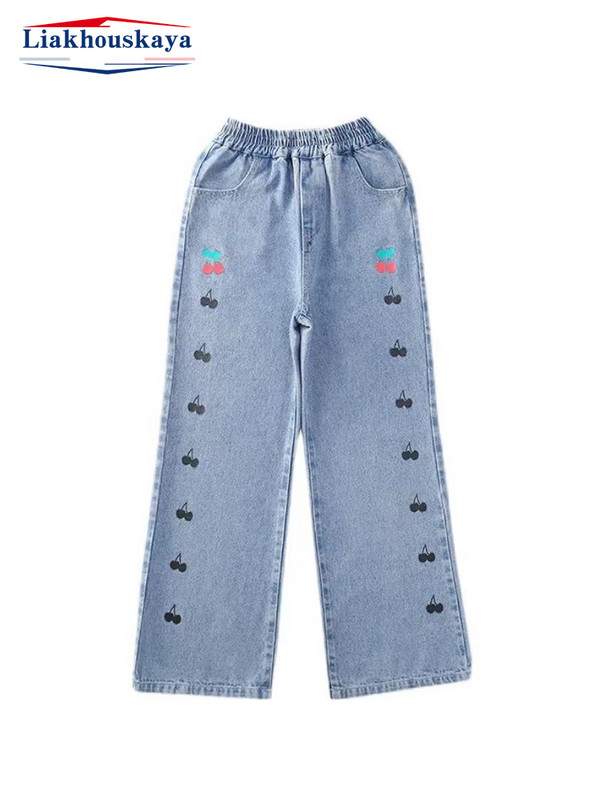 Панталони за момичета Свободни дънки Личност Скъсани широки дънки Little Cherry Тийнейджърски панталони Нова мода Детски детски дрехи