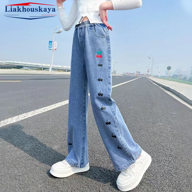 Панталони за момичета Свободни дънки Личност Скъсани широки дънки Little Cherry Тийнейджърски панталони Нова мода Детски детски дрехи