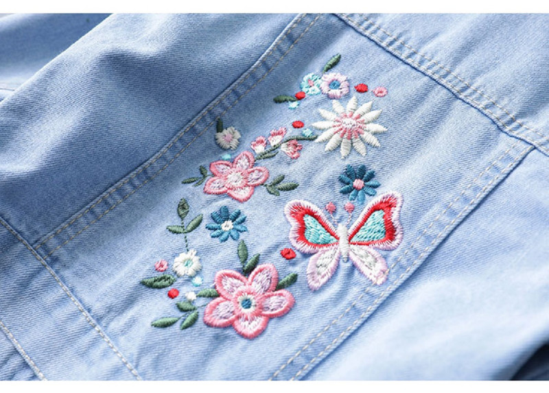 Модни флорални бродерии, бебешки момичета, прекрасни дънкови якета, синьо детско палто, пролет, есен, детско връхно облекло, детски тоалети 2-8 години