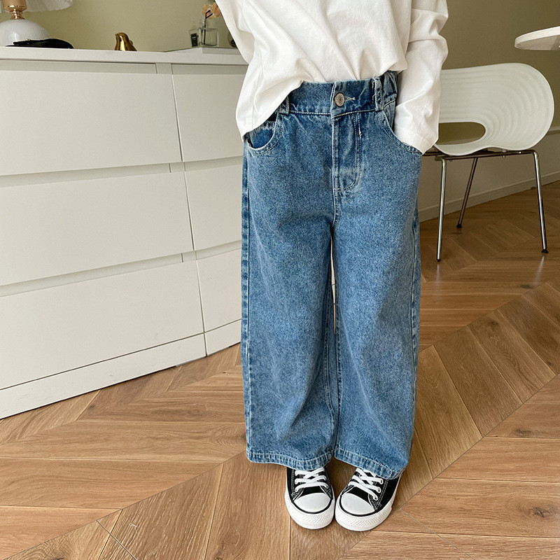 Пролетни детски едноцветни универсални прави дънки Момчета и момичета модни широки ежедневни дънкови панталони