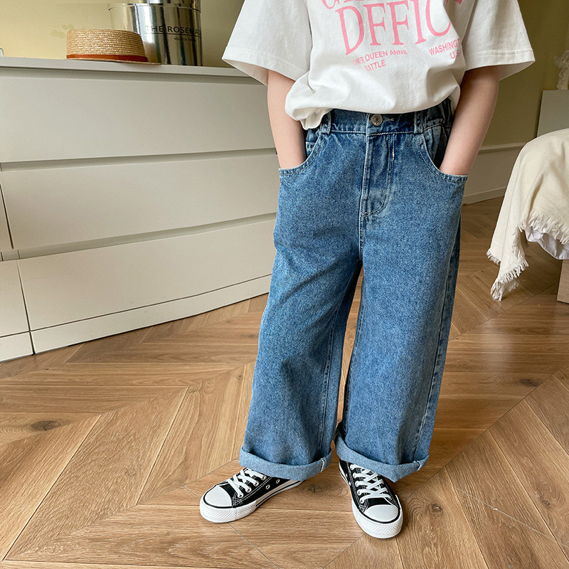 Пролетни детски едноцветни универсални прави дънки Момчета и момичета модни широки ежедневни дънкови панталони