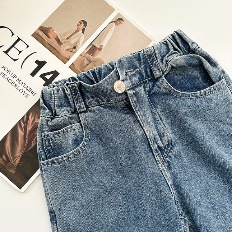 Пролетни детски едноцветни универсални прави дънки Момчета и момичета модни широки ежедневни дънкови панталони